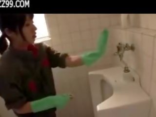 Mosaic: erotic cleaner gives geek blowjob in lavatory 01