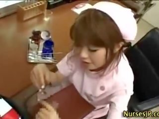 Asian hairy nurse handjob and cumshot