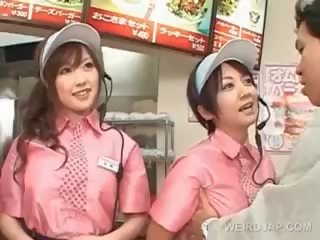 Asian Busty Teen Trio Flashing Tits At The Fast Food